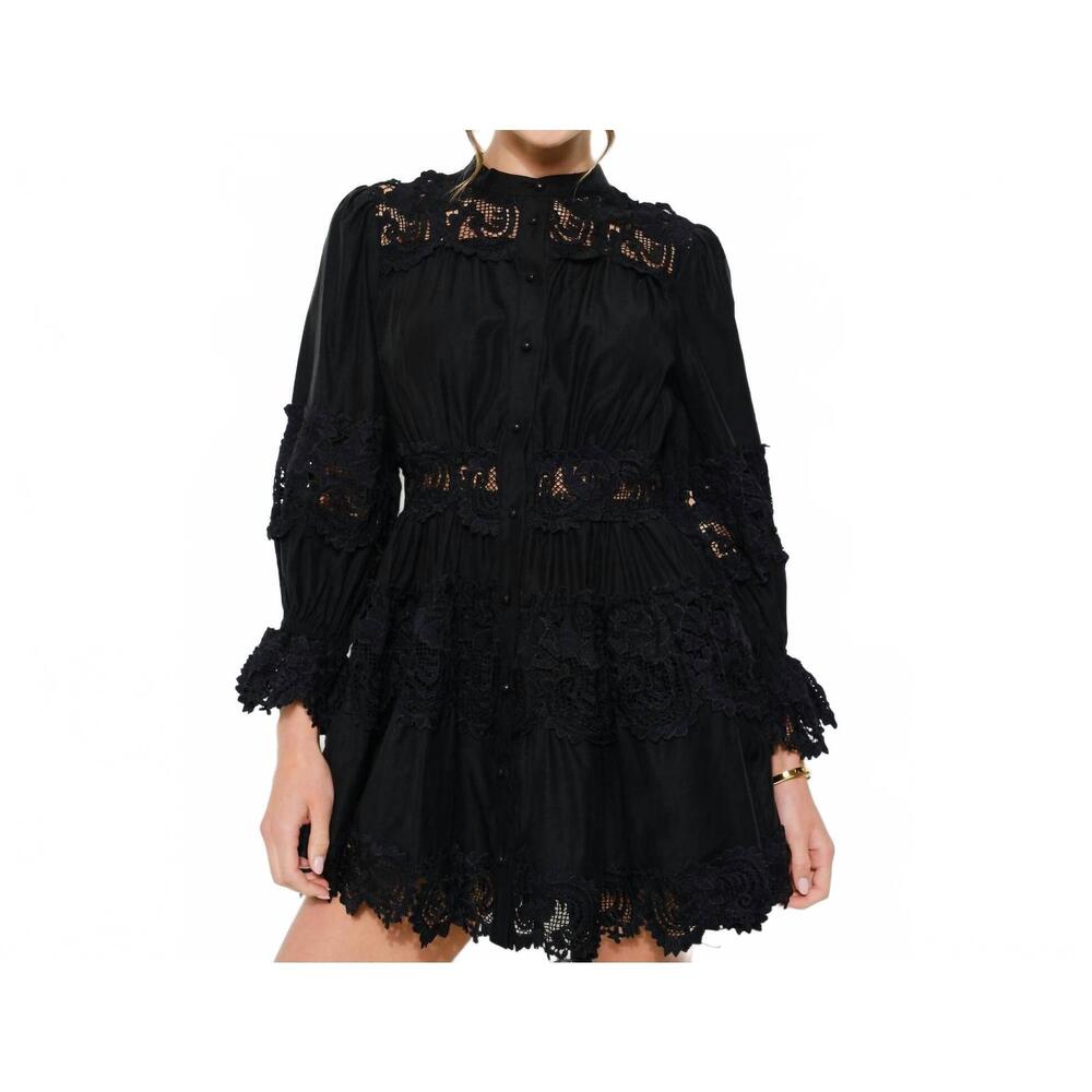 NEW INA FASHION delicate lace-panel flare mini dress in black